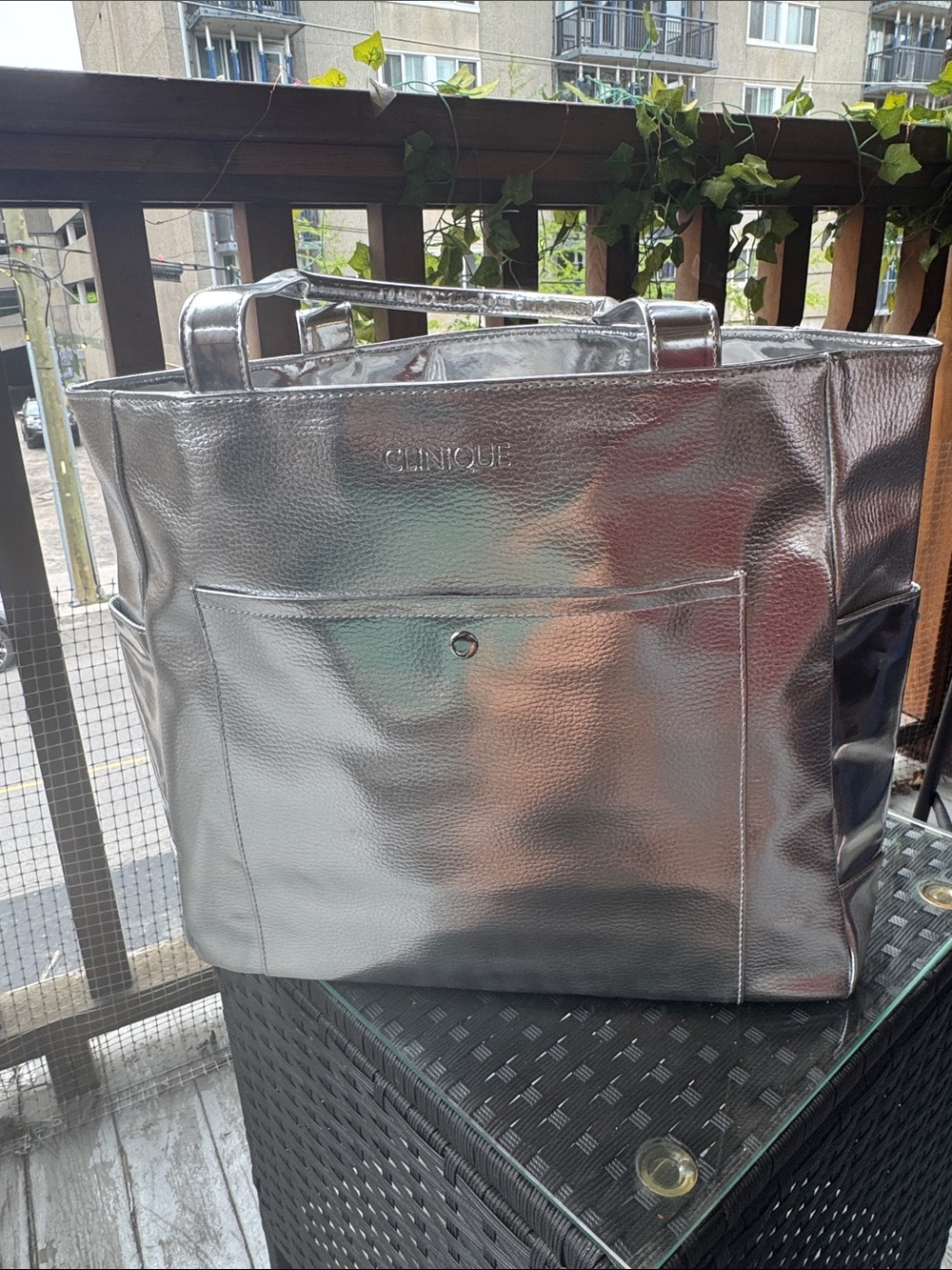 Clinique Metallic Silver Tote with Front Pocket